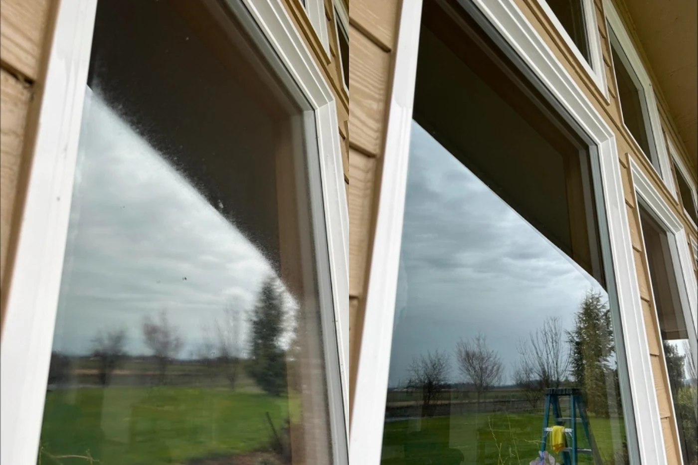Before and after comparison of a residential window in the Yuba City area — hazy, spotted glass on the left and clear, streak-free glass on the right
